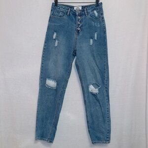 Zero Plus Medium Wash Denim High Rise Button Front Distressed Boyfriend Jeans 28